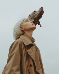 Elegant duo: blonde woman with Weimaraner dog. Side profile on pale blue background. Minimal friendship concept.