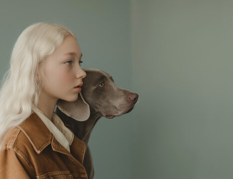 A blonde woman in a beige coat poses alongside a Weimaraner dog in a minimalist studio portrait. Fashion-forward editorial with a serene and modern vibe. - Powered by Adobe