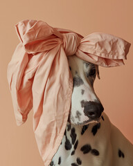 Dalmatian dog is wearing a big bow on his head covering his face on a pastel peach background. Minimal fashion dog concept.