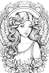 Girl angel illustration clip art coloring book black and white for kids and adults isolated line art on white background.