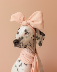 Dalmatian dog is wearing a big bow on his head on a pastel peach background. Minimal fashion dog concept.