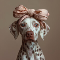 Dalmatian dog is wearing a scarf in shape of bow on his head on a muted earthy tones background. Minimal fashion dog concept.