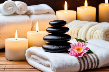 Spa Concept  Massage Stones With Towels And Candles In Natural Background