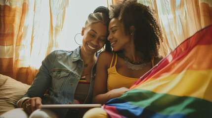 Africa American lesbian, Beautiful gay working on tablet with love moment spending good time...