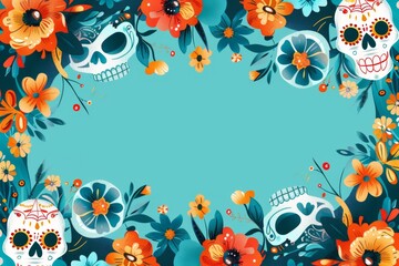 Minimalist Day of the Dead Theme with Geometric Masks, Sugar Skulls, and Floral Designs Border

