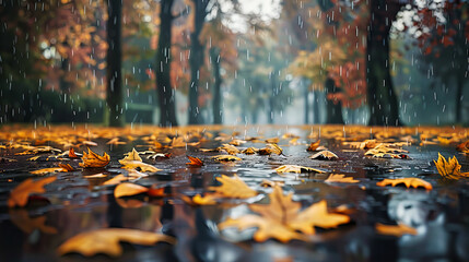 Wet Autumn Leaves on a Rainy Day, Reflections in Puddles Along a Park Path, Colorful and Moody Fall Scene