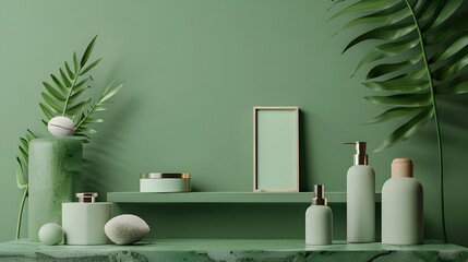 Display skincare products against green background 