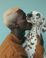 Elegant Affection: Fashion black man hugging and kissing Dalmatian dog on blue background. Minimal animal concept with copy space.