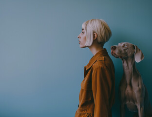 Elegant duo: blonde woman with Weimaraner dog. Side profile on pale blue background. Minimal animal concept with copy space.