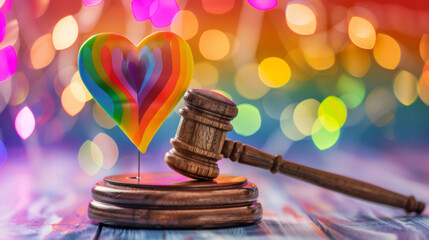 LGBT Law and Pride month concepts. Justice gavel with rainbow colorful heart shape for lesbian and gay and bisexual and transgender people Stock Photo photography