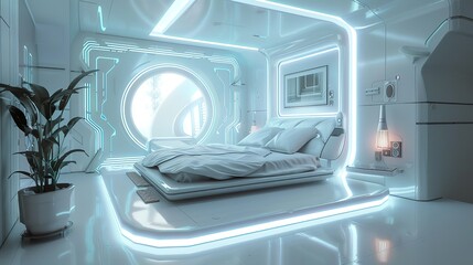 a bedroom in future, minimalist, future furniture, high quality, bright, neon lights