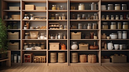 home storage area organize management home interior design pantry shelf and storage for store food and stuff in kitchen home design concept.