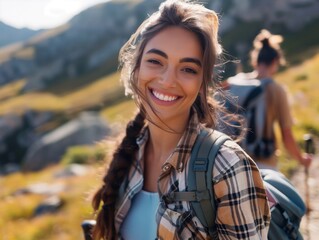 A smiling woman with a backpack and a ponytail is posing for a photo on a mountain. Concept of adventure and excitement, as the woman is ready to embark on a journey