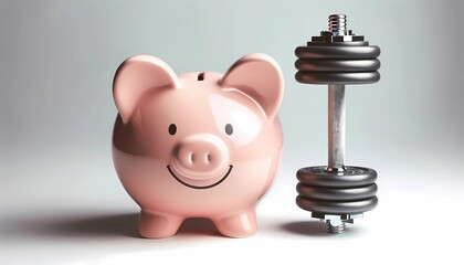 piggy bank with a barbell showcasing financial strength and savings growth, Concept of financial health and investment fitness