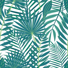 Seamless pattern with exotic leaves in flat design. Summer pattern with tropical leaves for fabric and wallpaper. Vector illustration.
