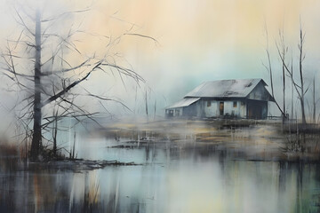 ethereal wooden house fog