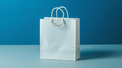 A white shopping bag with a nylon rope handle stands on a corner