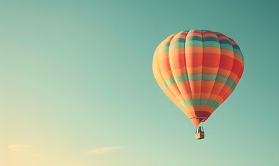 Striped hot air balloon floating in clear sky, Generative AI