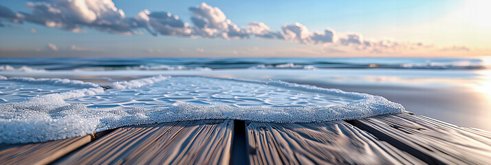 Winter Sunset Over Frozen Beach, Waves Crashing on Icy Sand under Orange Sky, Blending Seasons