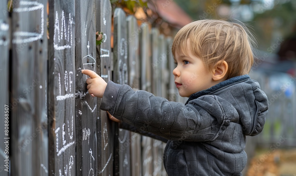 Wall mural a small boy draws on a new wooden fence with white chalk