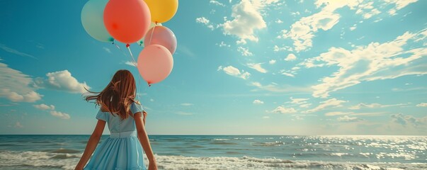 girl in blue dress holding balloons standing on beach pole near ocean and sky - Powered by Adobe