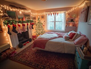 A bedroom decorated for Christmas with a Christmas tree and stockings. The room is cozy and festive