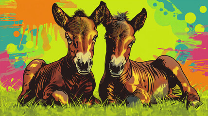 Pop art concept Two cute baby colt are sitting on a green meadow. Colorful background in pop art retro comic style. - obrazy, fototapety, plakaty
