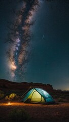 Camping tent underneath Corona Arch and the Milky Way Galaxy