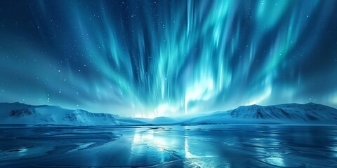 Blue Aurora Borealis over Snow covered Landscape. Majestic Northern Lights Background with copy-space.