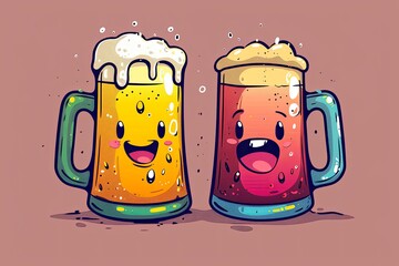 Cartoon beer mug characters with faces drawn on two mugs of beer in a retro style. Generative AI
