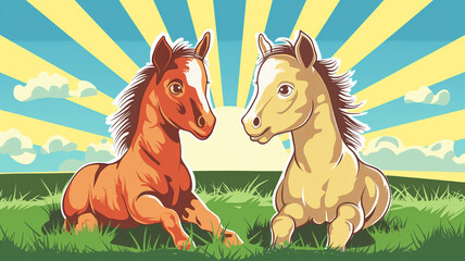 Pop art concept Two cute baby colt are sitting on a green meadow. Colorful background in pop art retro comic style. - obrazy, fototapety, plakaty