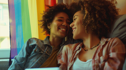 Africa American lesbian, Beautiful gay working on tablet with positive thinking in good time together, lgbt rainbow, pride flag on table near curtain at window. Stock Photo photography
