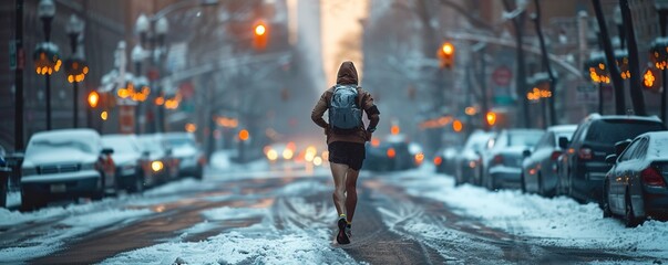 A male runner with a backpack runs down a city street while wearing shorts in the winter. - Powered by Adobe
