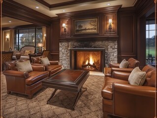 A living room with a fireplace and leather chairs. The room is warm and inviting, with a cozy atmosphere