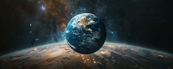 Cinematic scene of planet earth globe on starry space background.