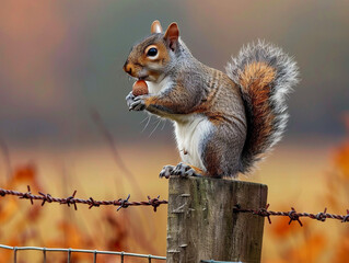 Cute squirrel with a full cheek standing on a wooden fence post in the sunshine. - Powered by Adobe