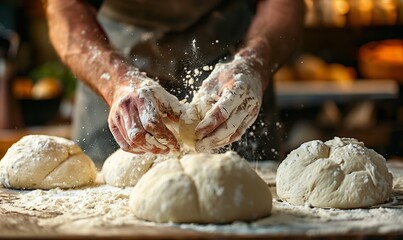 baker kneading dough for american hamburger buns