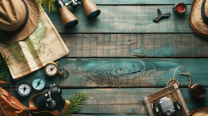 A pair of hiking boots, binoculars, a compass, and a map are displayed on a rustic wooden table in...