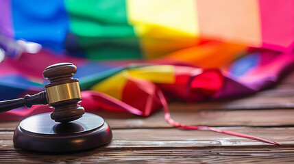 LGBT rights and laws concept. Wooden judge gavel on LGBT flags. Stock Photo photography