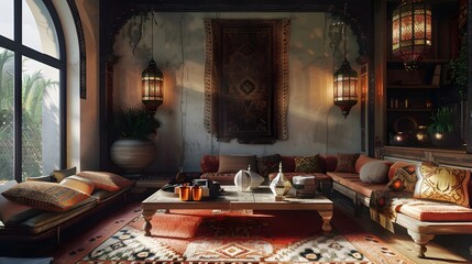 Craft a Moroccan-style living room with rich textiles, ornate lanterns, and low-slung seating. - Powered by Adobe