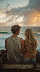 Fototapeta premium Young couple sitting in the back of a truck on a road trip on the beach