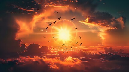 Inspiring Sunset: Birds Flying Against Sun Circle, Brings Hope