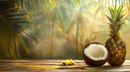 Coconut and pineapple on tropical background with copy space
