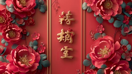 A Chinese couplet wishing you a happy spring festival, decorated with elegant peonies