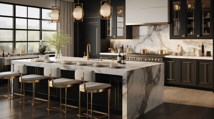 A contemporary, chic kitchen featuring stylish black and white cabinets, golden fixtures, and...
