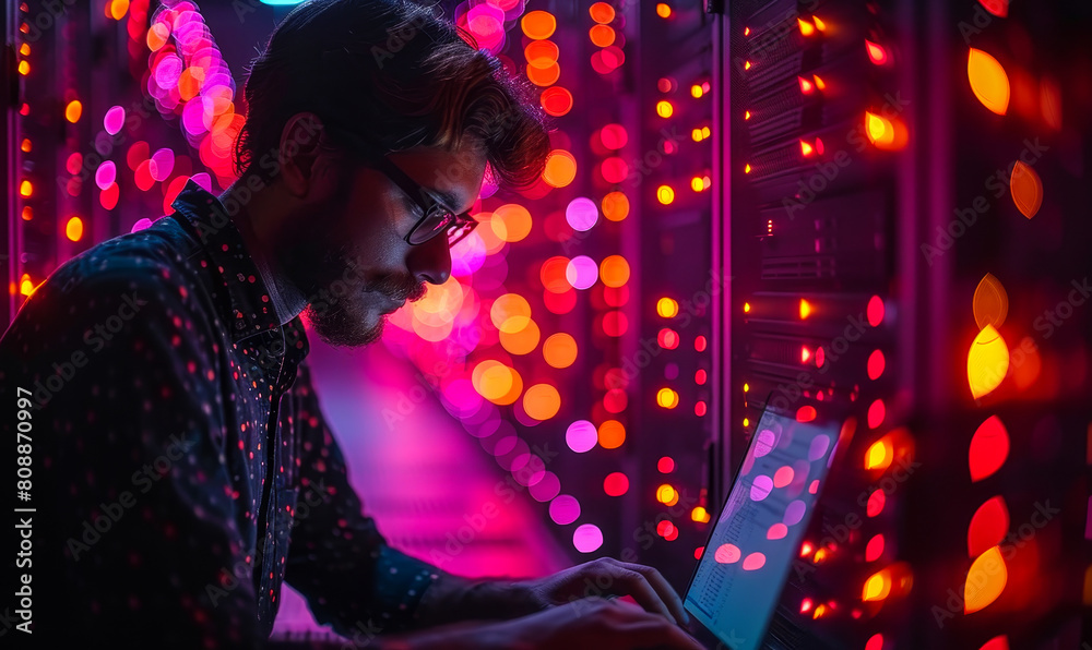 Poster focused computer engineer operating laptop in data center - server racks, big data storage visualiza