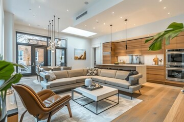 An open concept living space with a seamless flow, minimalist furnishings, and a focus on architectural details