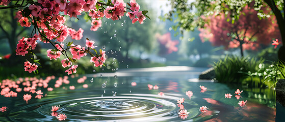 Zen Reflections: Cherry Blossoms Adorning Garden Pond in Spring