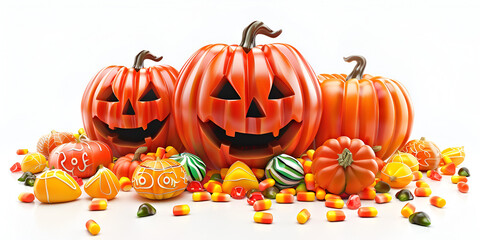Halloween background Halloween pumpkins with different faces and autumn leaves on white background Jack O lantern.