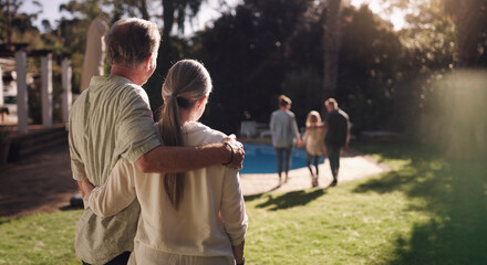Senior couple, garden and hug from behind with family for good memories, growth and goodbye...